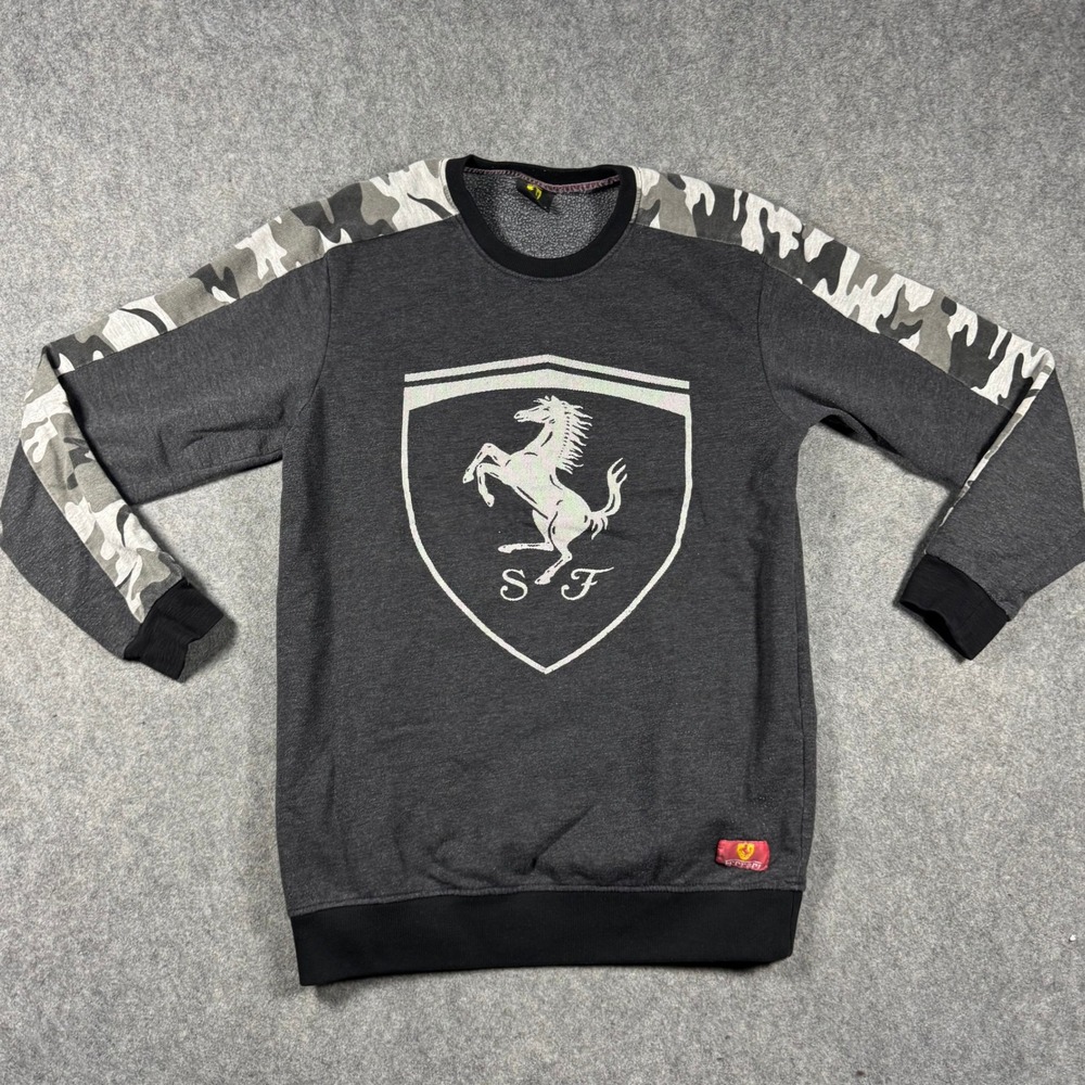 Ferrari Mens Charcoal Gray Camo Sleeve Shield Logo Crewneck Sweatshirt L Racing